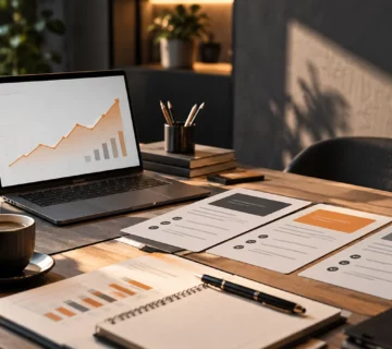مكتب عمل يحتوي على حاسوب يعرض مخطط أداء تسويقي وأوراق تخطيط أعمال لتقييم خدمات السيو